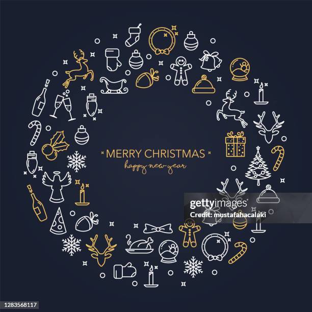 dark blue square christmas card with golden icons - christmas crown stock illustrations