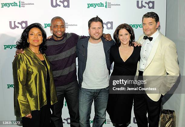 Actors Phylicia Rashad, Dule Hill, James Roday, Ally Sheedy and Timothy Omundson pose for a photo at the "Psych" Season 6 premiere at Ziegfeld...