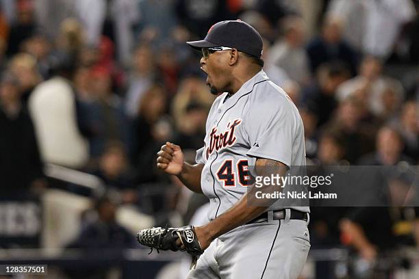 Jose Valverde of the Detroit Tigers celebrates after he recorded the final out of the game to win 3-2 against the New York Yankees during Game Five...