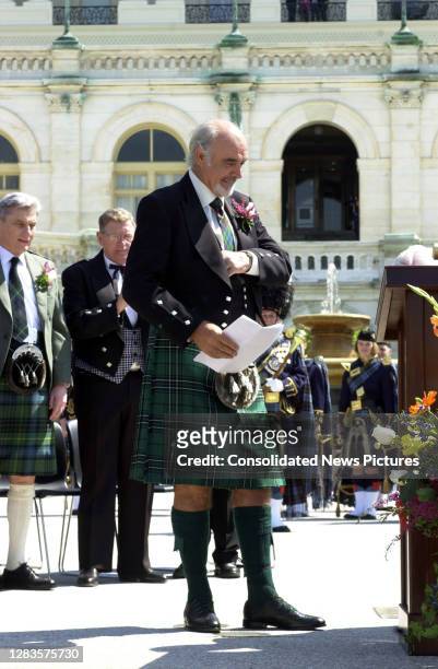 View of Scottish actor Sir Sean Connery walks to a podium outside the US Capitol during a National Tartan Day ceremony, Washington DC, April 5, 2001....