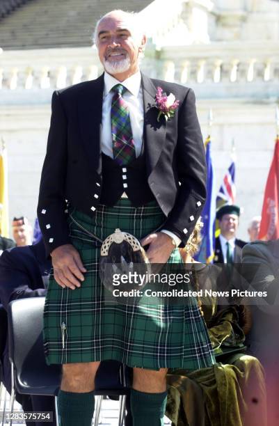 View of Scottish actor Sir Sean Connery as he listens to the remarks outside the US Capitol during a National Tartan Day ceremony, Washington DC,...