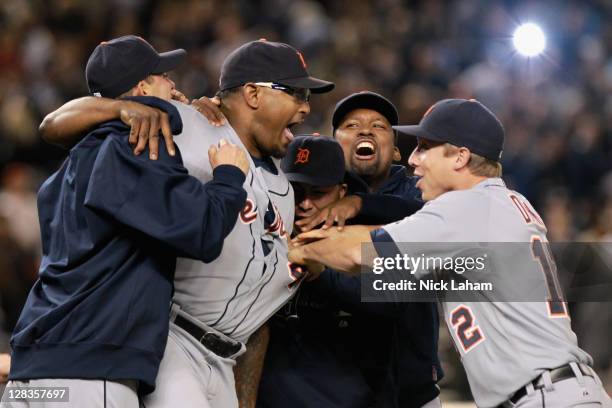 Jose Valverde of the Detroit Tigers celebrates with his teammates after he was the closing pitcher in the Tigers 3-2 win against the New York Yankees...