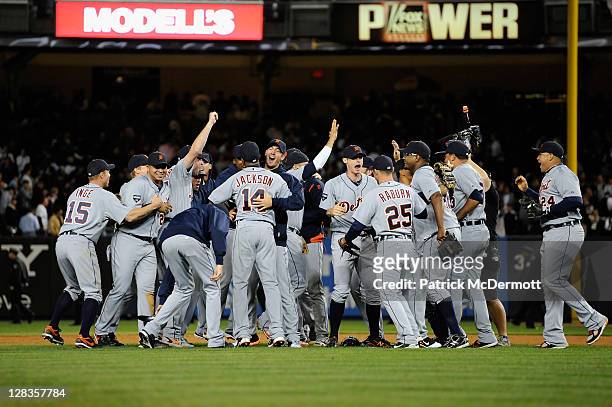 The Detroit Tigers celebrate after they won 3-2 against the New York Yankees during Game Five of the American League Championship Series at Yankee...