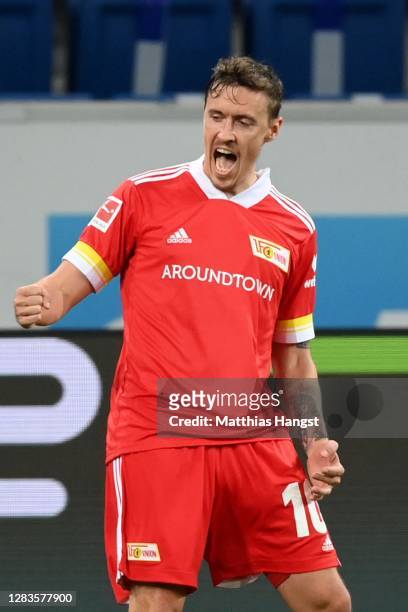 Max Kruse of Union Berlin celebrates scoring the opening goal during the Bundesliga match between TSG Hoffenheim and 1. FC Union Berlin at...