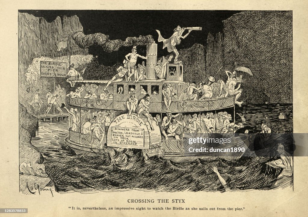 Ferry boat crossing the River Styx carrying the dead to hell