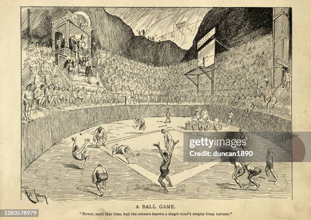 never ending baseball game in hell, victorian cartoon - baseball player stock illustrations