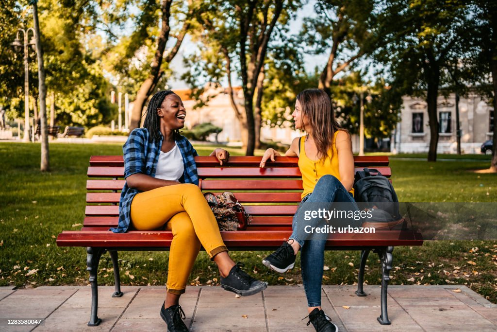 Amis parlant sur le banc
