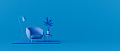 Creative interior design in blue studio with armchair. Minimal color concept