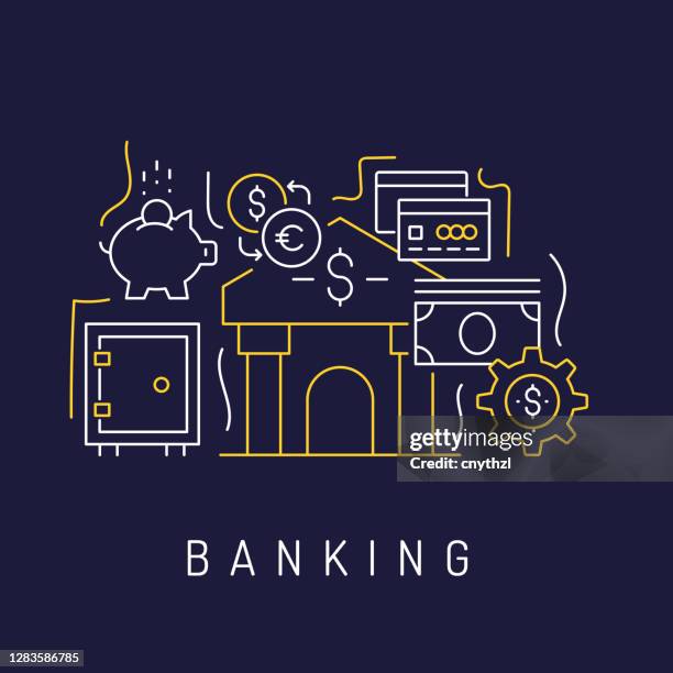 ilustrações, clipart, desenhos animados e ícones de fundo de ícones de arte de linha moderna relacionadas a bancos. ilustração vetorial de estilo linear. - royal blue