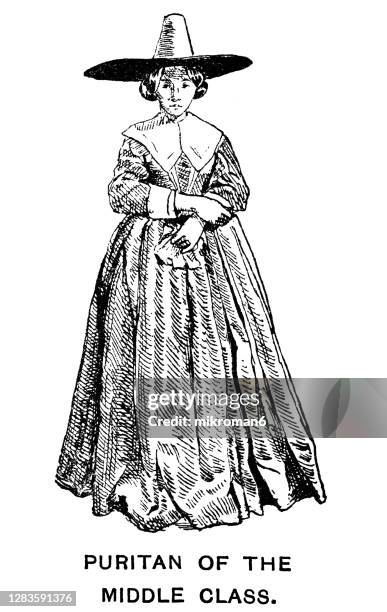 antique illustration of colonial costumes, puritans of the middle class - pilgrim costume stock pictures, royalty-free photos & images