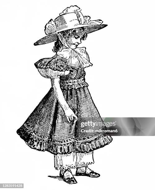 old engraved illustration of a victorian little girl - bonnet hat stock pictures, royalty-free photos & images