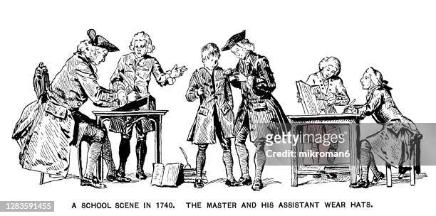 old engraved illustration of a school scene in 1740. - 19th century stock pictures, royalty-free photos & images