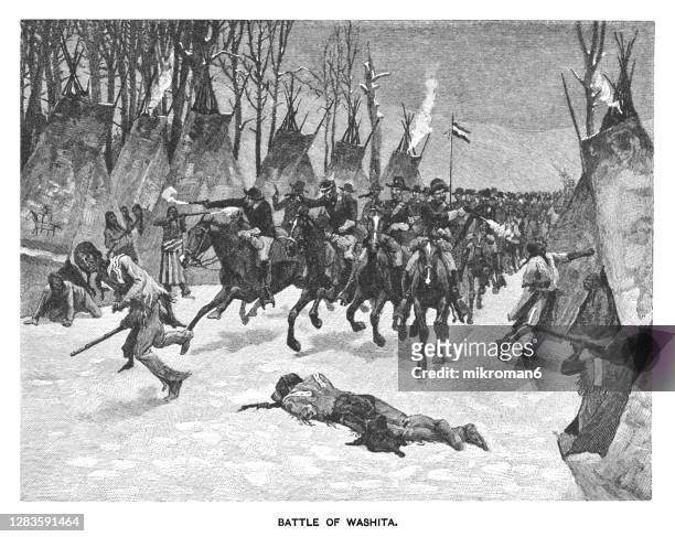 old engraving illustration of the battle of washita river, battle of the washita, the washita massacre - civil war stock pictures, royalty-free photos & images