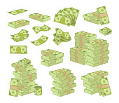 Set of Money Isolated on White Background. Packing and Piles of Dollar Banknotes, Green Paper Bills Stacks and Fans