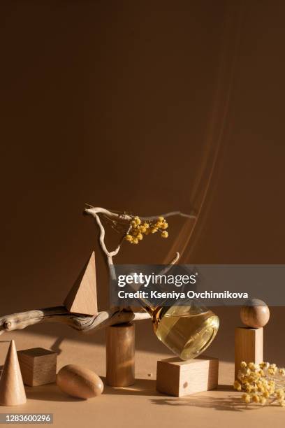 composition with bottles of essential oils on table. natural cosmetics - antiseptic cream stock pictures, royalty-free photos & images