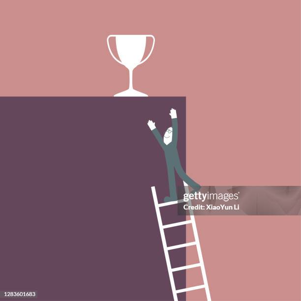 a man gets a trophy using a ladder. - impossible staircase stock illustrations