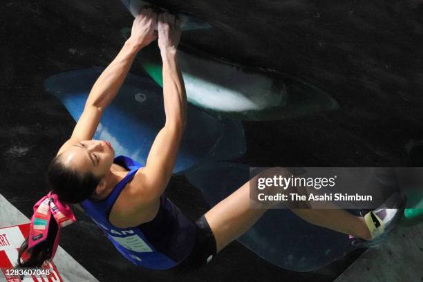 Akiyo Noguchi competes in the Women's Bouldering on day one of the Sports Climbing Top of the Top 2020 at the Ishizuchi Climbing Park Saijo on...