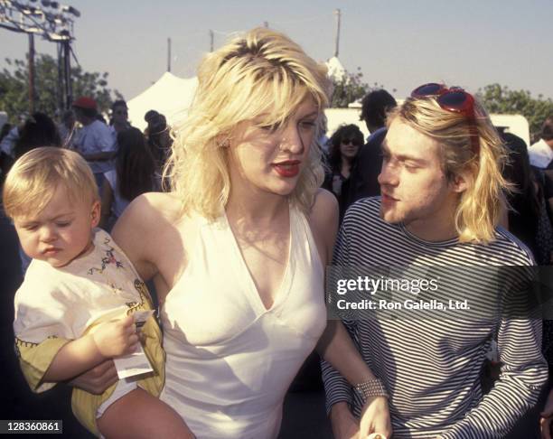 Musician Kurt Cobain, Courtney Love and daughter Frances Bean Cobain attend 10th Annual MTV Video Music Awards on September 2, 1993 at the Universal...