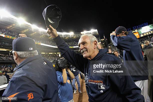 Manager Jim Leyland celebrates after the Tigers won 3-2 against the New York Yankees during Game Five of the American League Championship Series at...