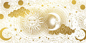 Magic banner for astrology, tarot, boho design. The universe, golden crescent, sun, and clouds on a white background. Esoteric vector illustration, pattern.