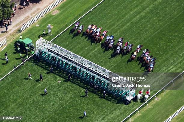 The field jumps from the barriers during race seven the 2020 Lexus Melbourne Cup at Flemington Racecourse on November 03, 2020 in Melbourne,...