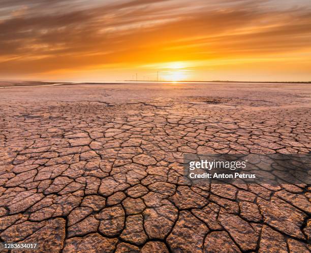sunset over cracked soil in the desert. global warming concept - paisaje árido fotografías e imágenes de stock