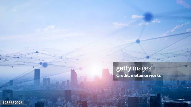 Smart city and communication network concept. 5G. IoT (Internet of Things). Telecommunication.