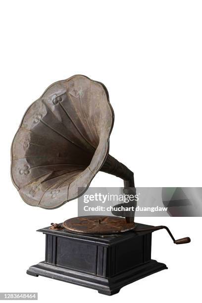 old gramophone, vintage gramophone, retro style gramophon isolated on white background - antique gramophone stock pictures, royalty-free photos & images