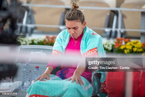October 04. Simona Halep of Romania during her loss against Iga Swiatek of Poland in the fourth round of the Women's Singles competition on Court...