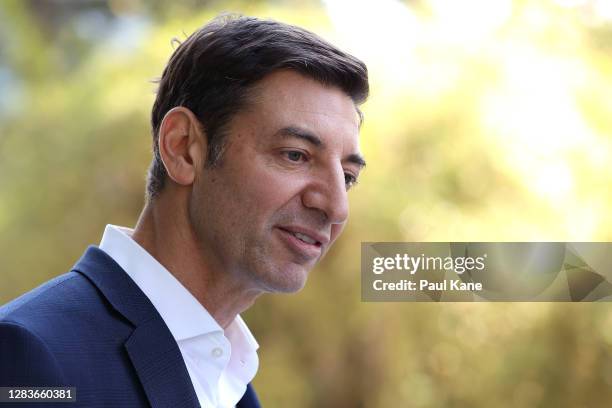 Basil Zempilas talks with reporters before the commencement of the City of Perth Council Meeting at Council House on November 03, 2020 in Perth,...