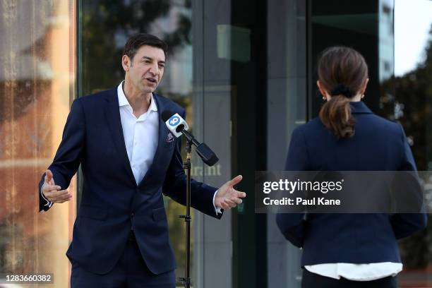 Basil Zempilas talks with reporters before the commencement of the City of Perth Council Meeting at Council House on November 03, 2020 in Perth,...