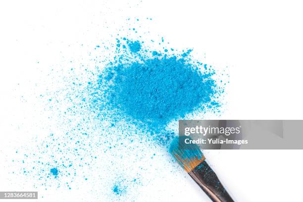 blue eyeshadow powder with brush applicator - makeup pile stock pictures, royalty-free photos & images