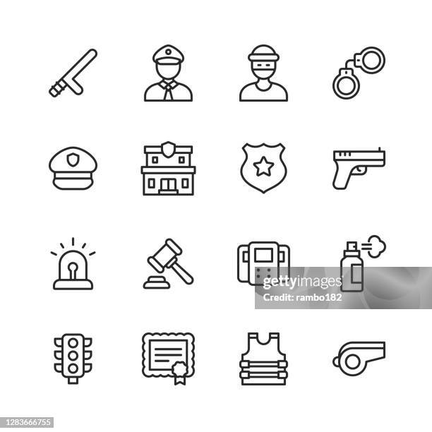 police and law enforcement line icons. editable stroke. pixel perfect. for mobile and web. contains such icons as policeman, policewoman, thief, handcuffs, vest, police station, gun, law, traffic, prison, car, dog, criminal, security, sheriff, detective. - legal occupation stock illustrations