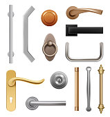 Door handles. 3d modern furniture wooden and metal items interior symbols handles vector realistic