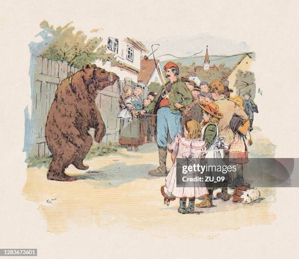 the dancing bear, color woodcut, published in 1897 - dancing bear stock illustrations