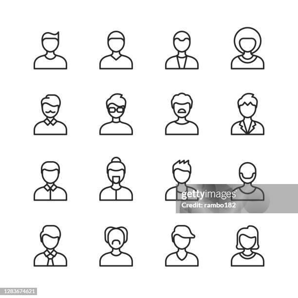 male avatar line icons. editable stroke. pixel perfect. for mobile and web. contains such icons as avatar, man, profile, user, social media, human head, human face, office, people, old person, businessman, business person, mobile app profile. - student leadership stock illustrations