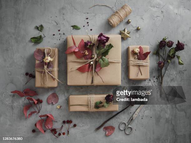 high angle view of gift boxes - christmas craft stock pictures, royalty-free photos & images