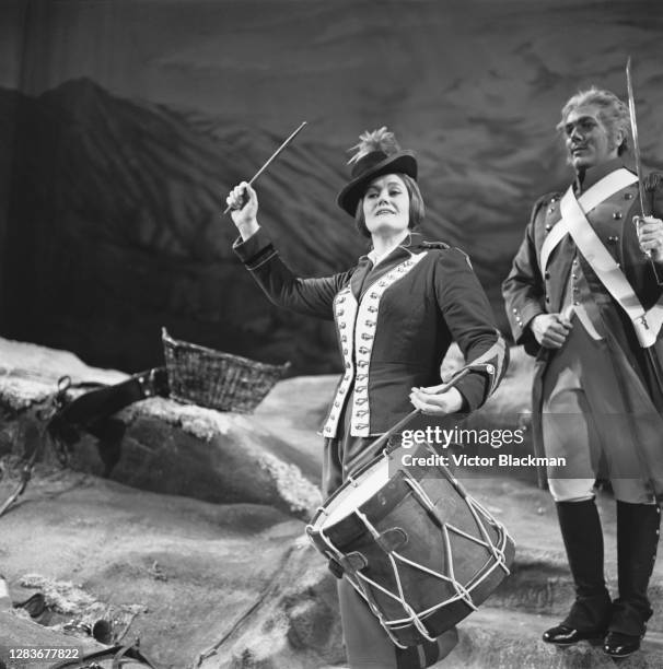 Australian soprano Joan Sutherland in the opera 'Le fille du régiment' by Donizetti, at the Royal Opera House in London, UK, 31st May 1966.