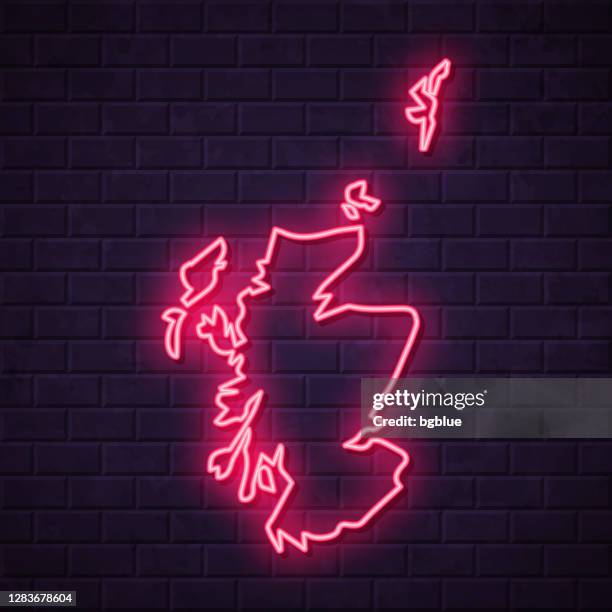 scotland map - glowing neon sign on brick wall background - scotland stock illustrations stock illustrations