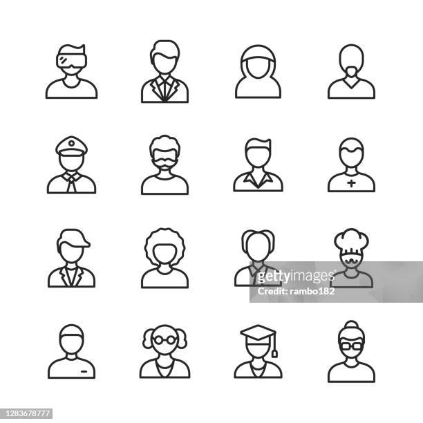 male avatar line icons. editable stroke. pixel perfect. for mobile and web. contains such icons as avatar, man, profile, user, social media, human head, human face, office, people, old person, businessman, business person, mobile app profile. - scientist portrait stock illustrations