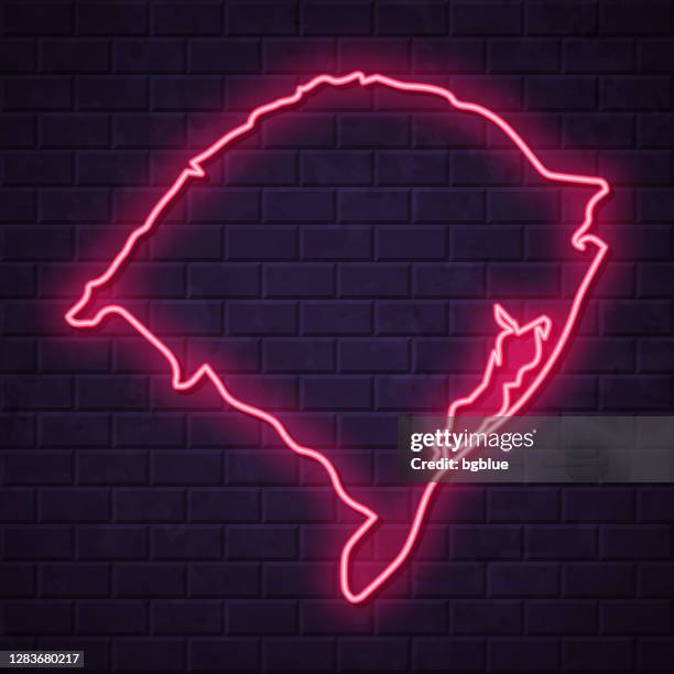 rio grande do sul map - glowing neon sign on brick wall background - rio grande do sul map stock illustrations