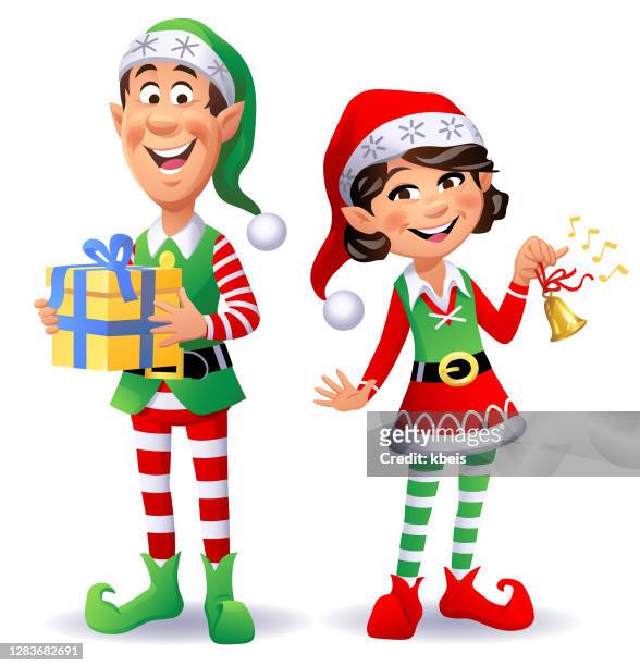 ilustrações de stock, clip art, desenhos animados e ícones de two cheerful christmas elves - somente crianças
