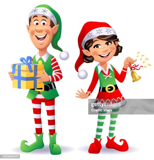 two cheerful christmas elves - elf hat stock illustrations