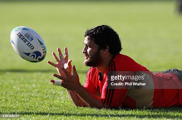 Piri Weepu of the All Blacks catches the ball during a New Zealand IRB Rugby World Cup 2011 training session at North Harbour Stadium on October 7,...