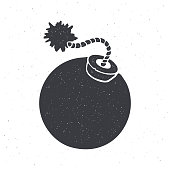 Silhouette of ball-shaped bomb with burning fuse rope. Vector illustration.