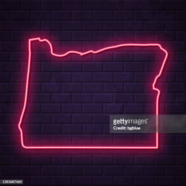oregon map - glowing neon sign on brick wall background - portland neon sign stock illustrations