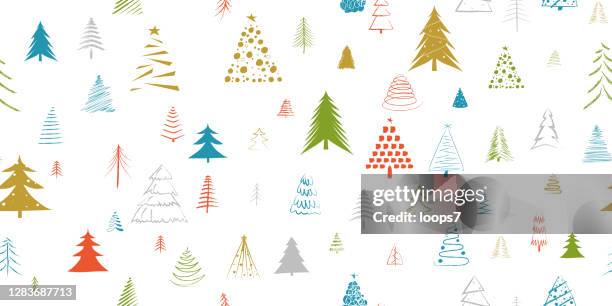 hand drawn christmas tree vector seamless pattern - string lights white background stock illustrations