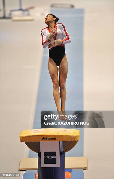 Mexico's Elsa Garcia Rodriguez Blancas performs in the vault event during women's qualification at the world gymnastics championships in Tokyo on...