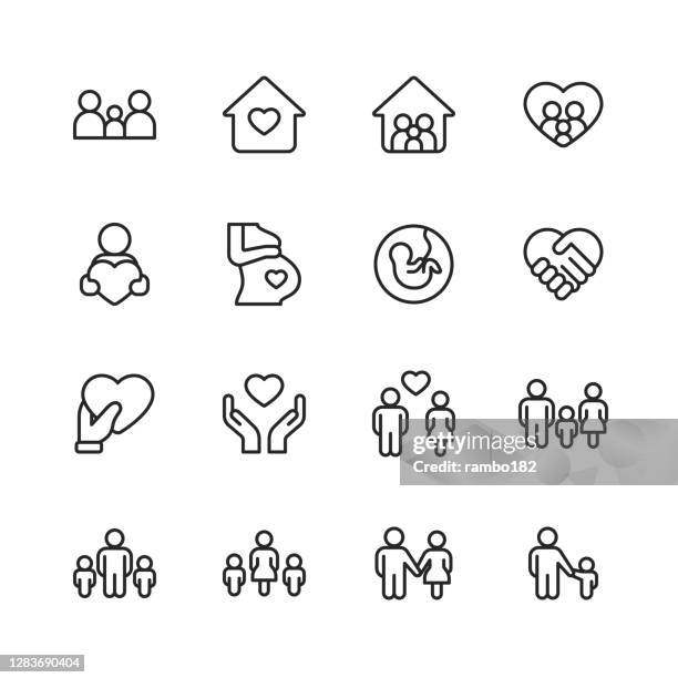 stockillustraties, clipart, cartoons en iconen met family line-pictogrammen. bewerkbare lijn. pixel perfect. voor mobiel en web. bevat iconen zoals familie, ouder, vader, moeder, kind, thuis, liefde, zorg, zwangerschap, handdruk, ondersteuning, saamhorigheid, gemeenschap, multi-generation family, social ga - familie met meerdere generaties