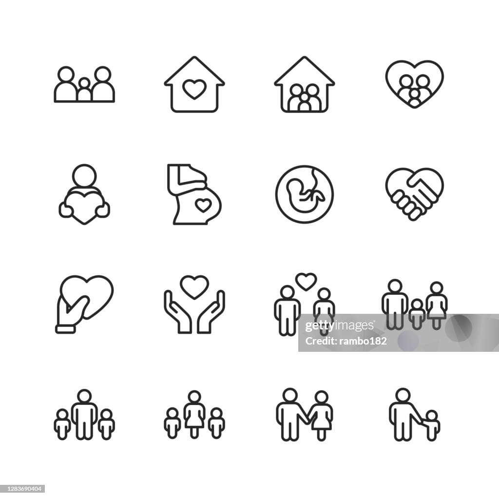 Family Line Icons. Editable Stroke. Pixel Perfect. For Mobile and Web. Contains such icons as Family, Parent, Father, Mother, Child, Home, Love, Care, Pregnancy, Handshake, Support, Togetherness, Community, Multi-Generation Family, Social Gathering.